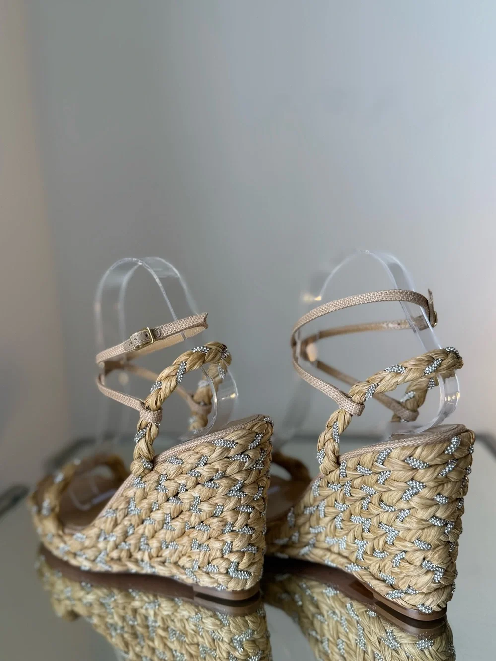 Aquazzura Costiera 120 crystal-embellished raffia wedge sandals $995 37.5
